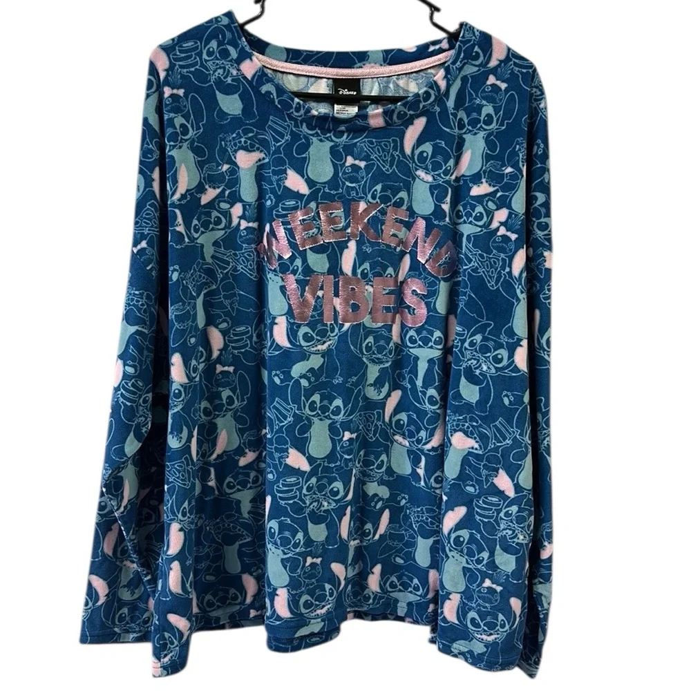 Disney Stitch Womens Pajama Loungewear Long Sleeve Weekend Vibes Velour Top 3X - Picture 2 of 8